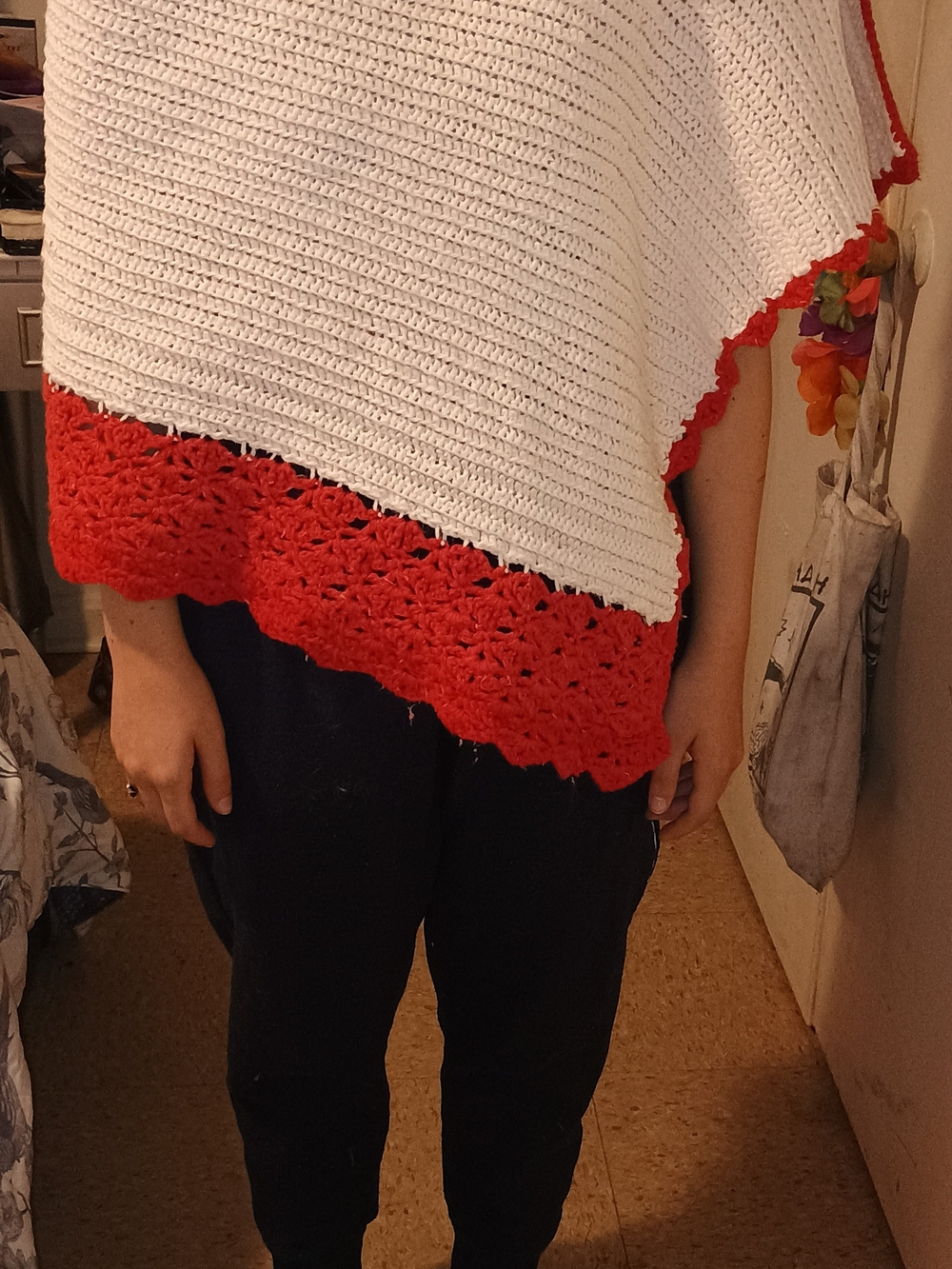 Homemade Crochet Poncho with Red Accent